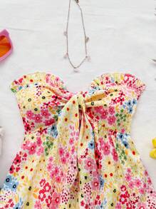 Soleia 女士度假浪漫碎花荷叶边系带蝴蝶结露脐吊带背心 - 彩色 - 查看 3