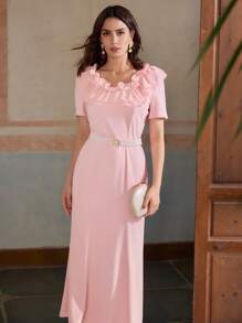 ZEYLAH Váy cổ bèo nhún dài vừa phải cho nữ - Hồng - Xem 7