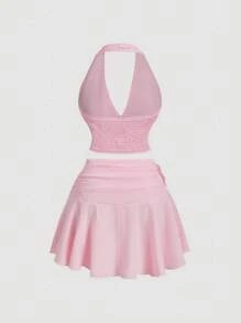 SHEIN MOD Zestaw 2 części w dużym rozmiarze - marszczony top typu halter i marszczona spódnica, różowy - Różowy - Zobacz 2