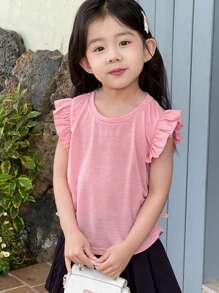 SHEIN 年轻女孩休闲简约荷叶边袖圆领背心，舒适贴身设计，适合夏季 - 粉色 - 查看 3