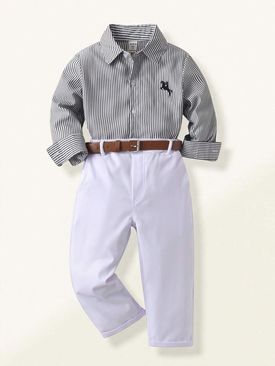 SHEIN Explorewe 2 件套年轻男孩绅士套装 - 条纹长袖衬衫和长裤(配腰带),适合生日派对、正式场合、婚礼的时尚服装 - 白色 - 查看 1