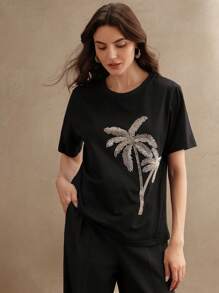 Anewsta 优雅女士春夏圆领短袖白色 T 恤，直筒剪裁基本款度假休闲衬衫，带刺绣花卉图案