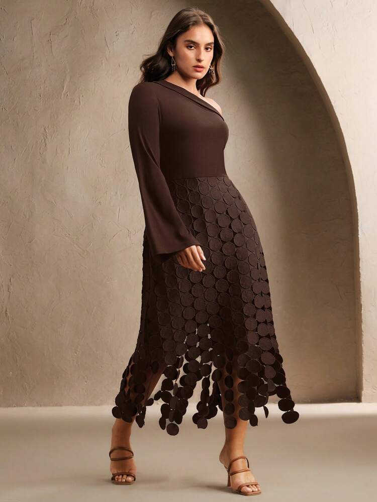 Plus Size Women Holiday Dress Sexy Bodycon Oblique Shoulder Hollow-Out Tassel Long Sleeve Dress