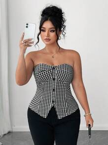 Elenzga 大码女式夏季办公室休闲通勤千鸟格印花无袖纽扣前短款吊带背心上衣 - 黑與白 - 查看 1