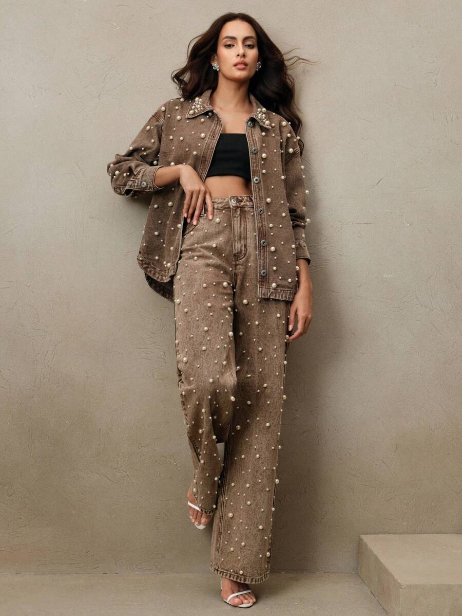 SHEIN X Jwoww Anewsta 女士棕色高腰串珠直筒宽松阔腿裤，时尚百搭，适合春夏、情人节、派对、节日、优雅场合、假日和度假穿着。 - 棕色 - 查看 1