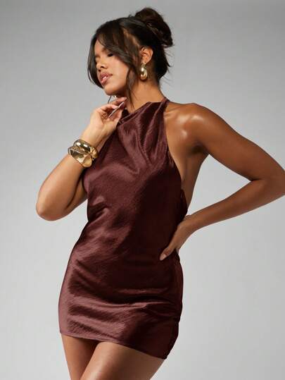 Asymmetric Satin One Shoulder Backless Mini Dress｜MISSGUIDED