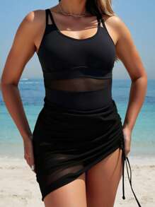 Swim Lushoire Women's Sexy Versatile Black Mesh Splicing Drawstring Skirt Style One-Piece Swimsuit For Spring/Summer Beach Vacation - Black - View 6