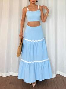 Rafferiza Conjunto de 2 piezas: Camisola minimalista de unicolor con empalme de encaje & Falda maxi para vacaciones - Azul - Ver 3