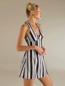 Avantive Summer Women Chic Black And White Striped Mini Dress,Sleeveless V-Neck A-Line Bodycon,Night Out,Beach,Vacation,Elegant Wedding Guest Party Outfits - Black and White - View 8