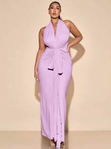 SHEIN BAE 大码女式优雅长款 V 领露背连衣裙，适合日常穿着、郊游、约会、下午茶、度假、春夏季 - 淡紫色 - 查看 3