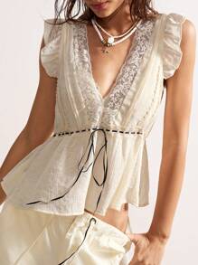 Bohemela Women Boho Style Solid Color V-Neck Fitted Blouse, Casual Holiday Wear, Summer