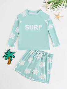 SHEIN 2pcs Youth Boys Swimsuit - Turtle Print Tankini Top With Swim Trunks, Stylish Beachwear Sets For Vacation Boys Rash Guard Set Boys Long Sleeve Swim Set Boys Beachwear Kids Surf Rash Guard Boys Swim Shirt And Shorts Summer Holiday - Multicolor - View 4
