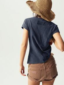 Bohemela 休闲纯色V领短袖常规版型女式T恤 - 藍色 - 查看 7