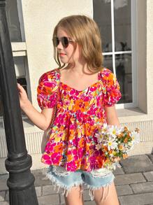 SHEIN 女童休闲花卉印花荷叶边斜领泡泡袖衬衫 - 玫紅色 - 查看 6