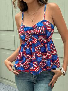 SHEIN Clasi 女士美国国旗印花紧身针织吊带背心，优雅日常穿着，春夏上衣 - 藍色 - 查看 3