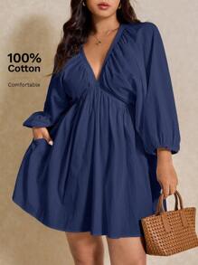 Elaquor Plus Size Solid Color Deep V-Neck Pockets Casual Long Sleeve Dress,Sundress Spring To Summer Vacation Dresses Fall - Navy Blue - View 2