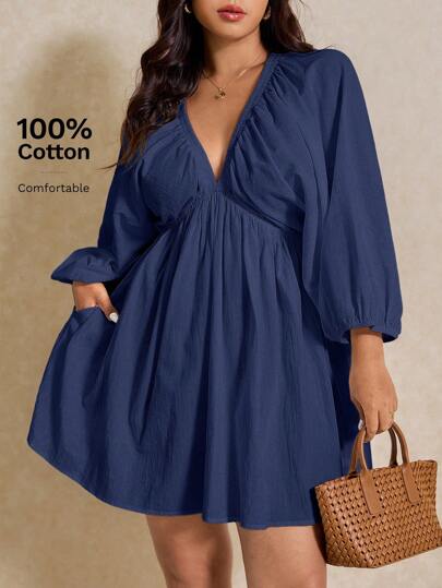 Elaquor Plus Size Solid Color Deep V-Neck Pockets Casual Long Sleeve Dress,Sundress Spring To Summer