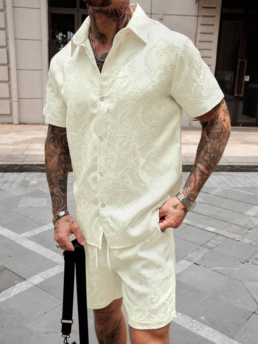 Manfinity CasualCool Men's Wheat Jacquard Casual Holiday Short Sleeve Shirt Set Men 2 Pieces Summer Outfits Loose Summer Two Pieces Set For Men Men 2 Pieces Outfits Short Set Two Pieces Summer Set Men - White - View 1
