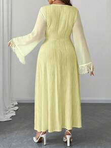 Elenzga Vestido maxi de línea A con cuello redondo, mangas acampanadas, textura de punto, cintura ceñida, para mujeres de talla grande. Vestido casual de cumpleaños para mujeres, ropa de verano y otoño para mujeres. - Amarillo - Ver 2
