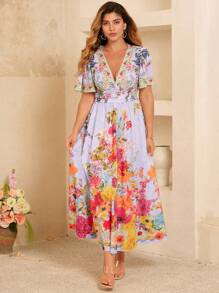 Flirla 大码女式优雅花卉印花大摆裙，适合海滩度假、海滩约会 - 彩色 - 查看 5