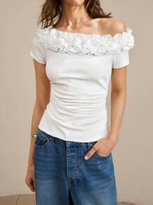 Ontre 女士白色夏季露肩T恤，毕业旅行简约单肩领荷叶边日常简约露肩T恤，音乐节 - 白色 - 查看 5