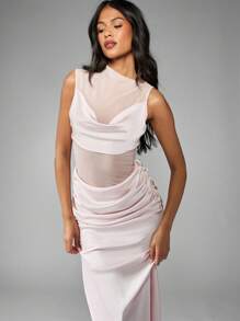 MISSGUIDED Elegant Mesh Panel Ruched Maxi Dress Evening Gown Draped Side Slit Wedding Guest Special Occasion Sleeveless Floor Length Formal Gown - Baby Pink - View 3