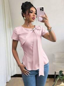 SHEIN Clasi Pink Lace-Up Front Ruffle Sleeve Vacation Shirt - Pink - View 1