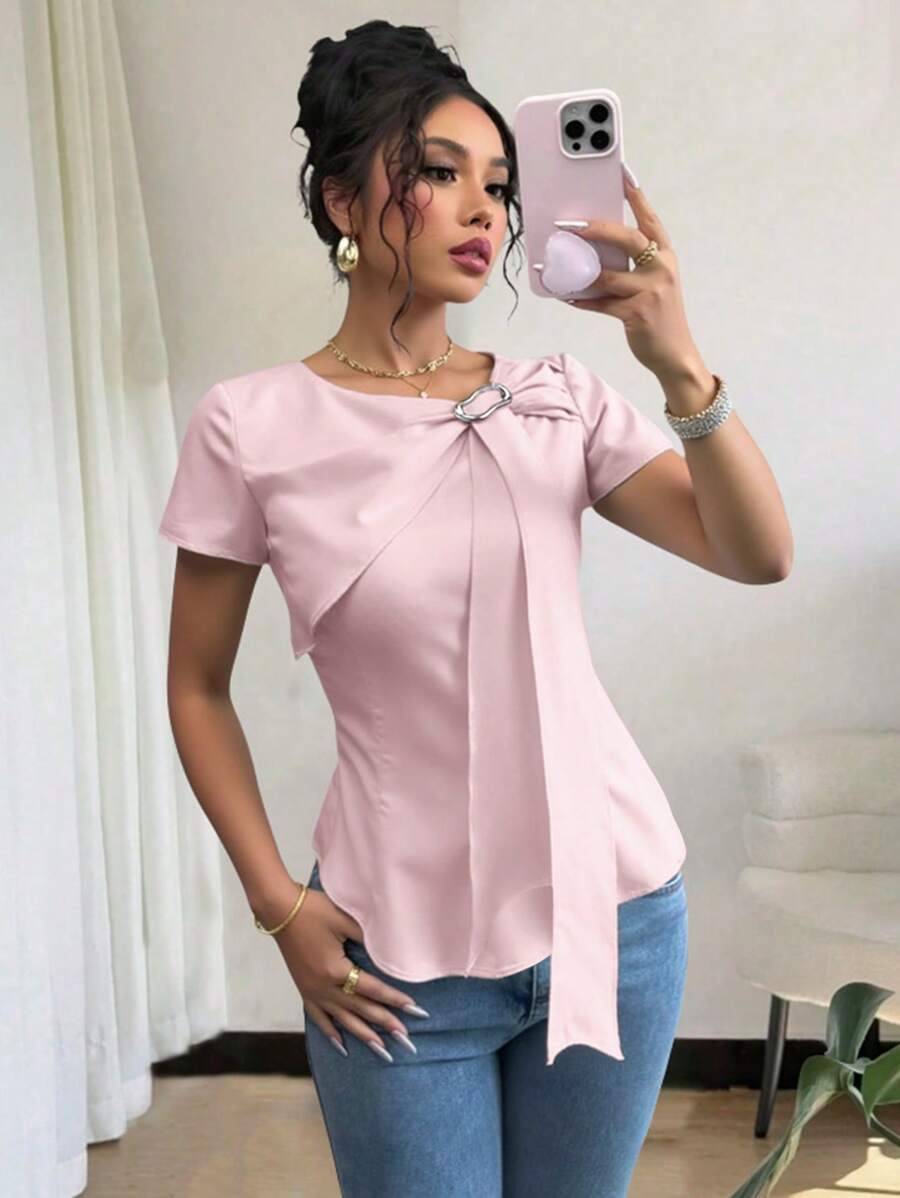 SHEIN Clasi Pink Lace-Up Front Ruffle Sleeve Vacation Shirt - Pink - View 1