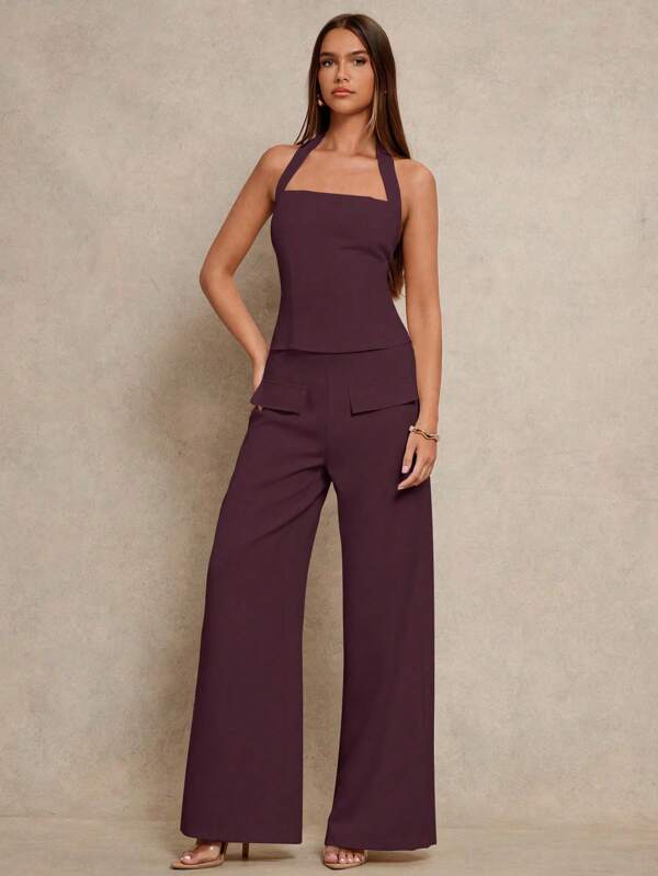 Glamine Neck Tie Up Simple Slim Sexy Halter Apricot Woven Crop Top & Straight Leg Pants Solid Color Fashionable 2 Pieces Set, New Spring Collection