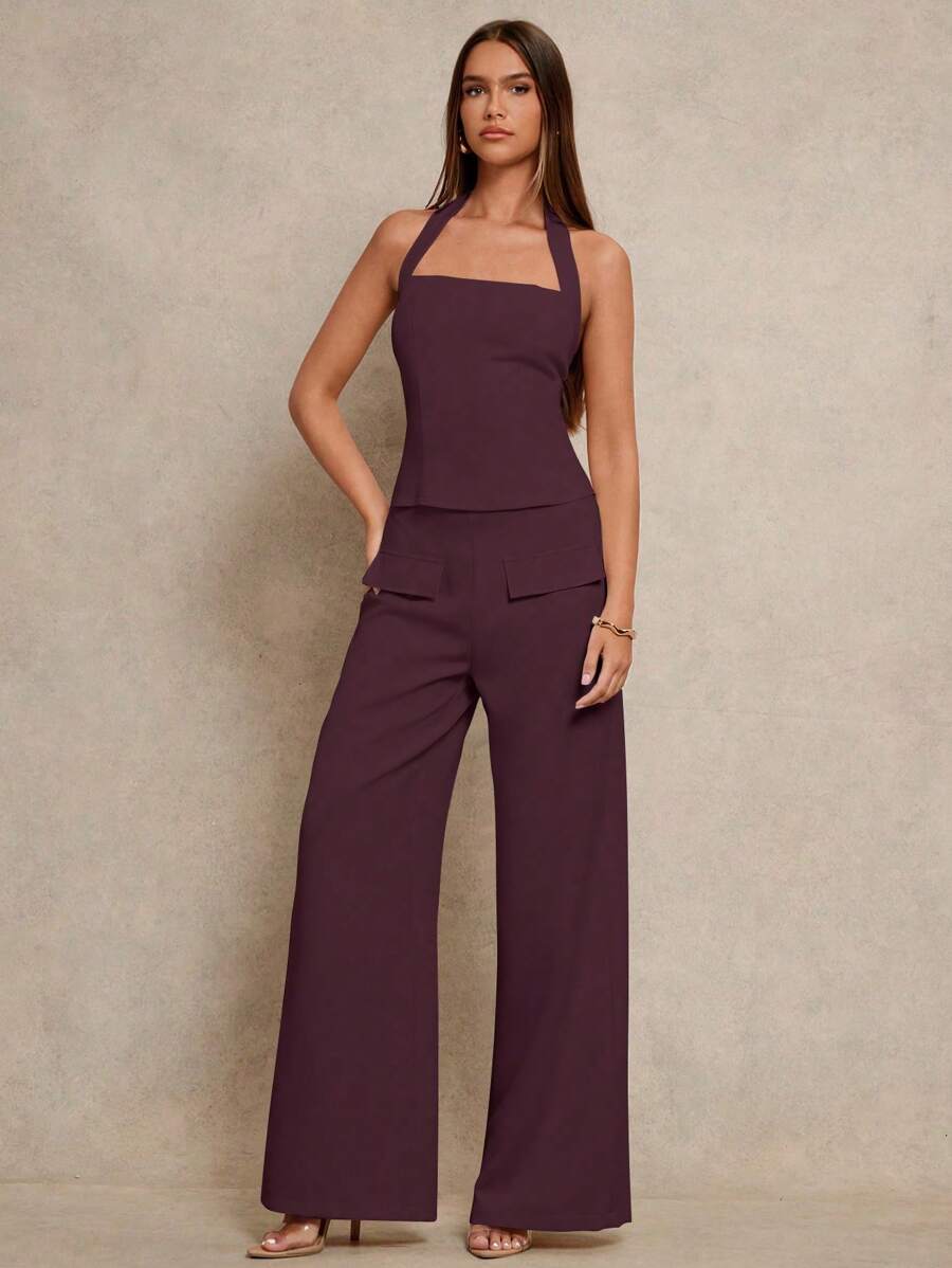 Glamine Setelan 2 Potong Modis, Model Halter Sederhana, Ramping, Seksi, Warna Aprikot, Atasan Crop Tenun dan Celana Panjang Lurus, Koleksi Musim Semi Terbaru