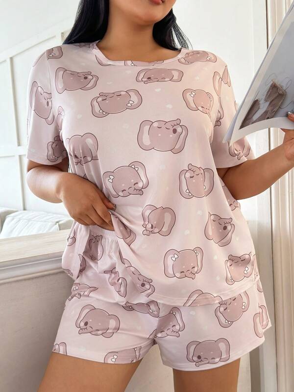 SHEIN Cartoon Elephant Print Round Neck Short Sleeve Shorts Pajama Set, Plus Size