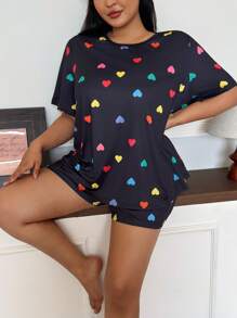 SHEIN Colorful Heart Print Crew Neck Short Sleeve& Shorts Plus Size Pajamas Set - Black - View 6