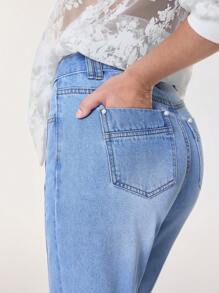 SHEIN BAE Jeans de mezclilla casual de mujer con diseño floral realzado y corte acampanado - Azul - Ver 2
