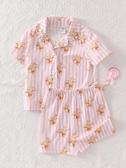 Set de 2 piezas de ropa casual cómoda para niñas bebé: camisa de cárdigan de manga corta con estampado de oso de peluche a rayas y shorts