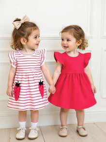 SHEIN 2 Pieces Set Baby Girls' Cute Summer Strawberry & Watermelon Fruit Print Dress, Basic Daily Outfit - Multicolor - View 3