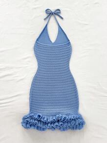 Soleia Vacation Halter Backless Ruffle Trim Knit Dress - Blue - View 2