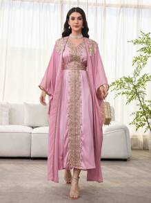 SHEIN Najma 2 件套宽松时尚女士连衣裙套装，带刺绣珠饰，定制，朴素长袍 - 粉色 - 查看 1