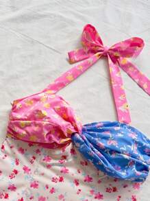 Soleia Women's Summer Vacation Colorful Ditsy Floral Ruffled Halter Tie-Back Bowknot Mini Dress With Layered Ruffle Hem, Suitable For Underdress Or Outerwear Women Short Dresses Summer Summer Birthday Dress