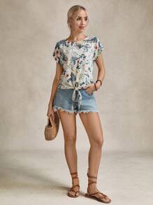 SHEIN LUNE Floral Print Keyhole Back Tie Front Top