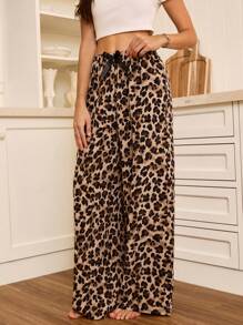 SHEIN Women's Casual Leopard Print Bowknot Elastic Waist Loose Pajama Pants, Fall, Winter