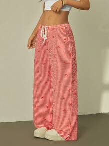 SHEIN PETITE Elegant Low Waist Sexy Out Comfortable Trousers, Bow Striped Print Versatile Long Pants - Red - View 1