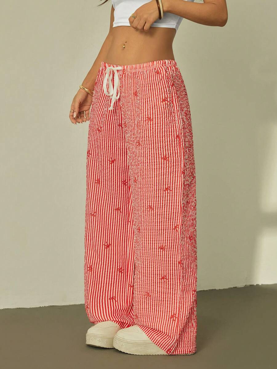 SHEIN PETITE Elegant Low Waist Sexy Out Comfortable Trousers, Bow Striped Print Versatile Long Pants - Red - View 1