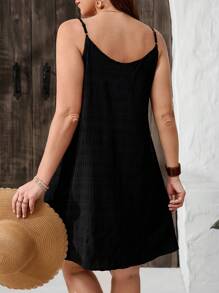 SHEIN VCAY 大码女式休闲宽松单排扣吊带中长连衣裙 - 黑色 - 查看 2