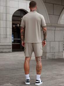 Manfinity CasualCool 2pcs/Set Men Solid Color Short Sleeve T-Shirt And Shorts Set Workwear Pocket Men's T-Shirt Two-Piece Set, Street Style,Outfits Outdoor. Outfits Husband And Boyfriend Gifts For Friends Men Two Pieces Sets Men Two Pieces Casual,Streetwear, Travel, Daily Wear Outfits Husband And Boyfriend Gifts For Friends - Khaki - View 2