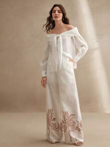 Anewsta 1件露肩长袖上衣和植物印花长裤套装 - 米色 - 查看 4