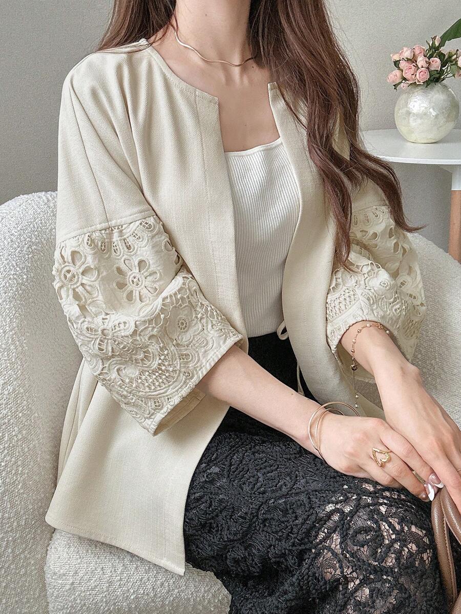 FRIFUL Chaqueta casual de moda de encaje de contraste en la cintura para mujeres, verano