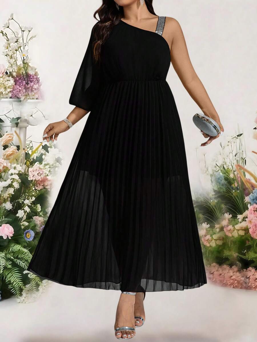 Bellastra 大码女式亮片肩带卷边优雅连衣裙 - 黑色 - 查看 1