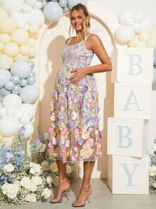Loomaby Umstandsmode Sommerkleid mit Blumen-Stickerei, elegant, ärmelos, Gender Reveal Kleid, Baby Shower Kleid, Umstandskleid - Verschiedenfarbig - Übersicht 4