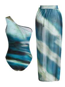 Swim Oasis 1 件女式扎染连体泳衣（含罩衫和裙子）
