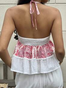 Sunnyshic Women's Paisley Patchwork Spaghetti Strap Spaghetti Strap Top, Casual Summer Vacation , Babydoll Top